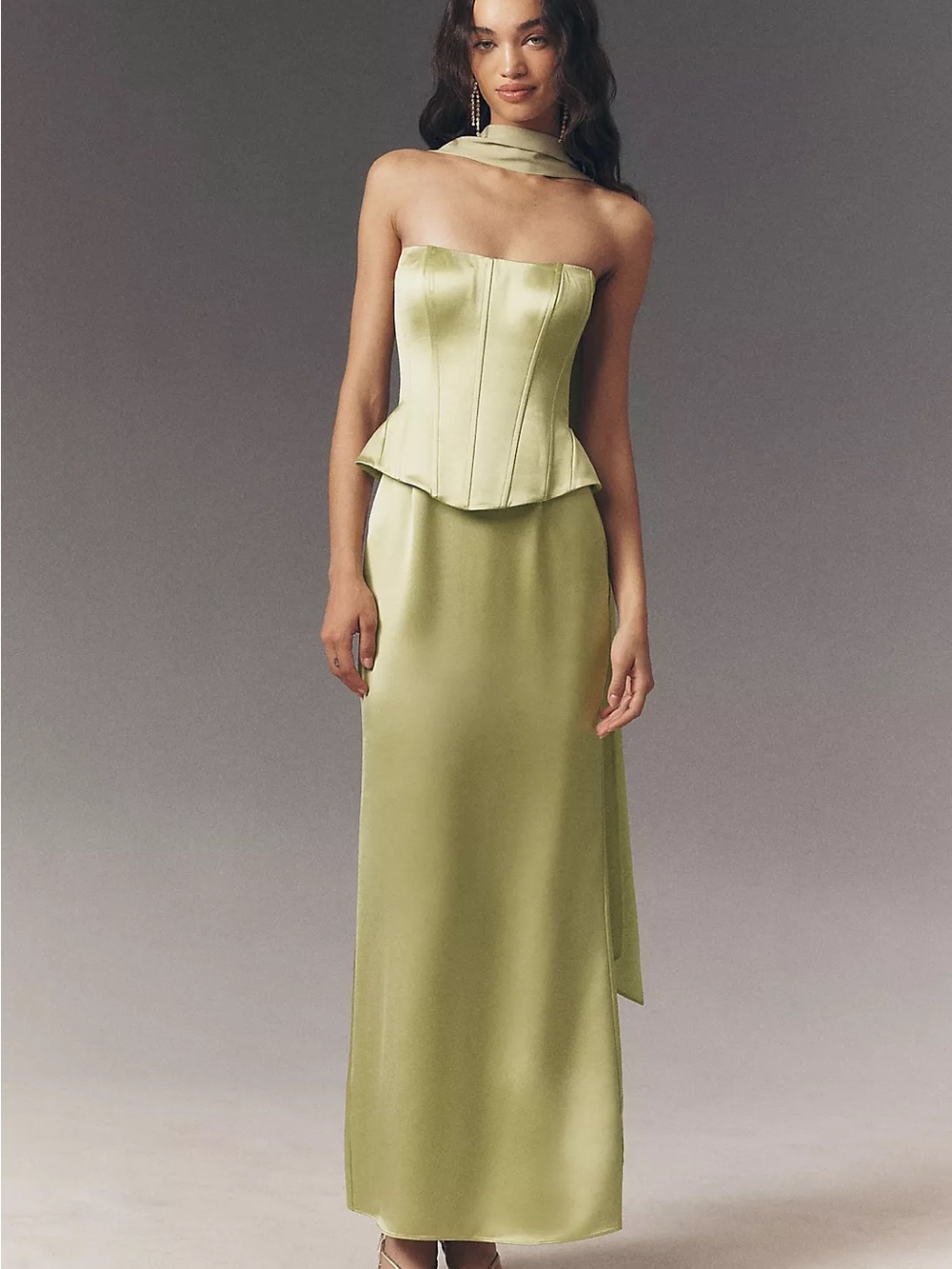 Strapless Satin Corset Gown in Olive Green